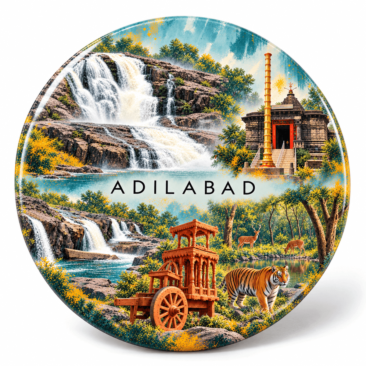 Adilabad Telangana watercolour souvenir fridge magnet, 70 mm round