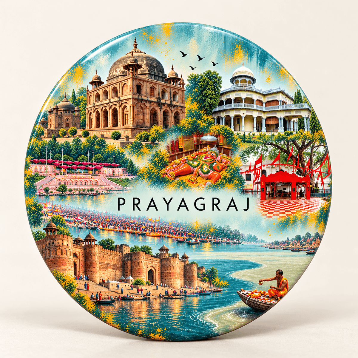 Prayagraj Uttar Pradesh watercolour souvenir fridge magnet, 70 mm round