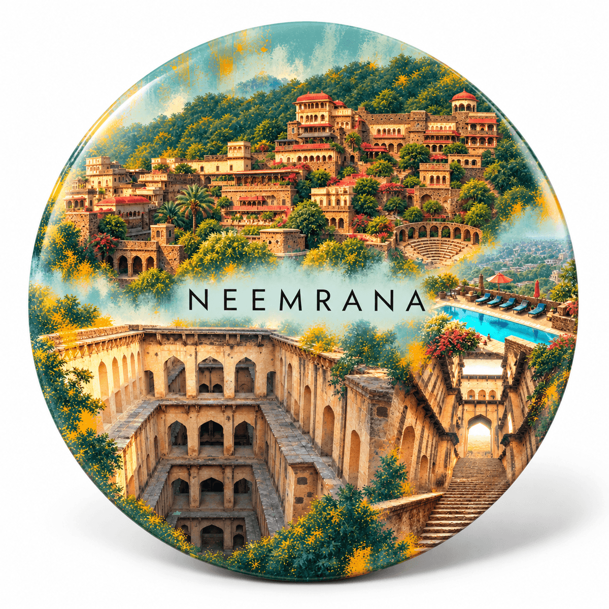 Neemrana Rajasthan watercolour souvenir fridge magnet, 70 mm round