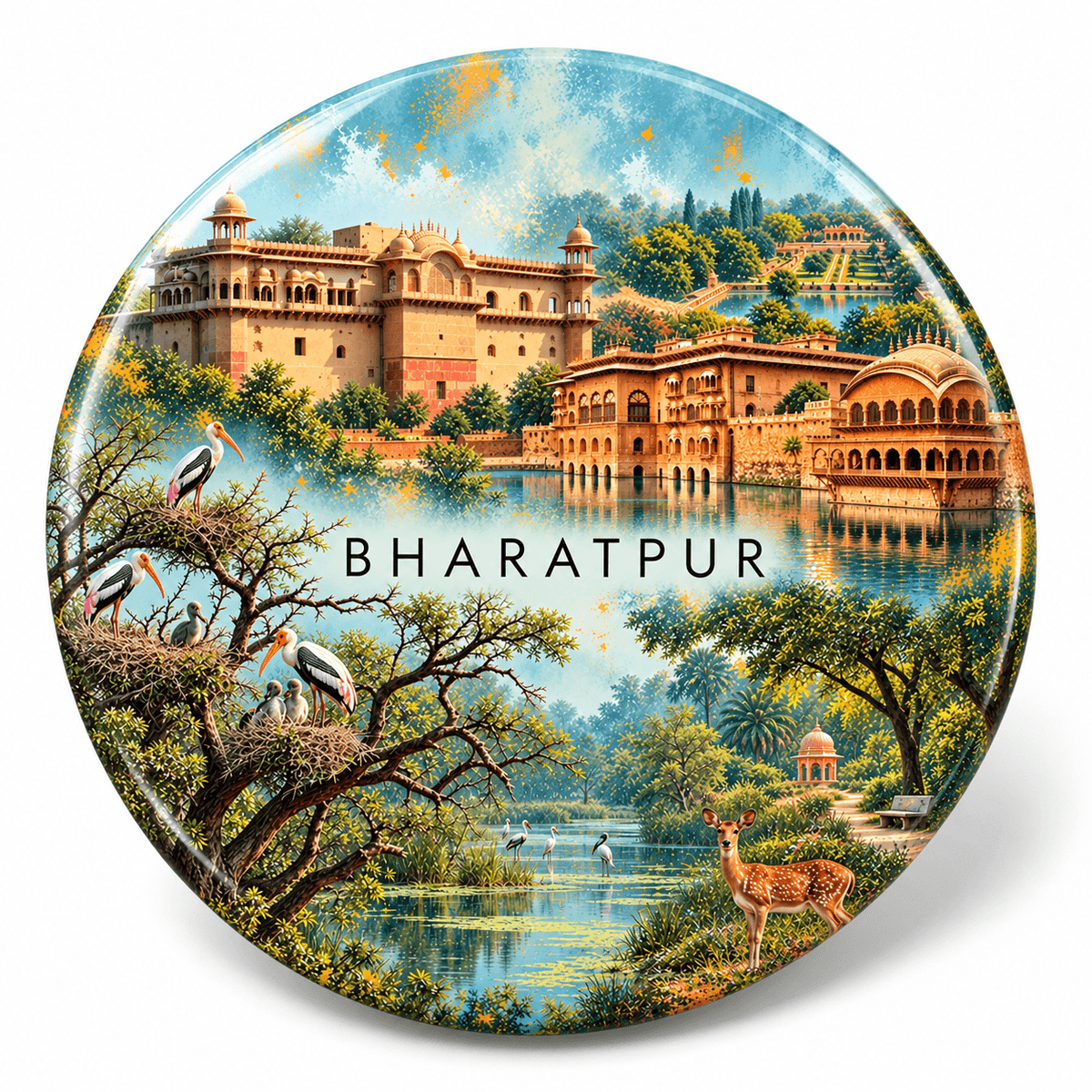 Bharatpur Rajasthan watercolour souvenir fridge magnet, 70 mm round