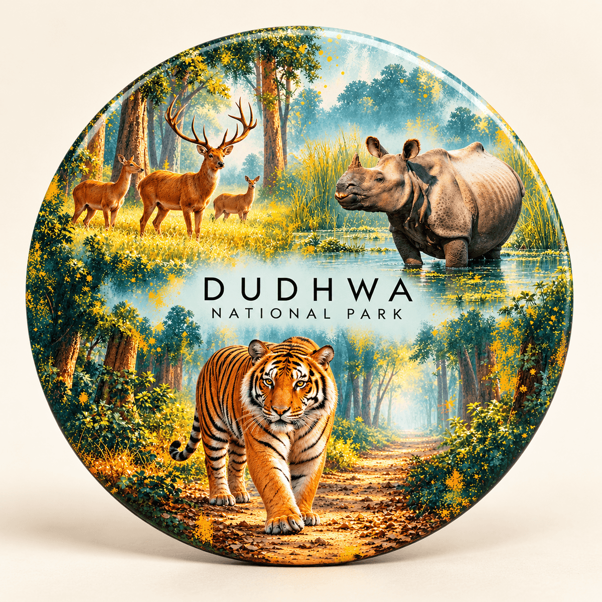 Dudhwa National Park Uttar Pradesh watercolour souvenir fridge magnet, 70 mm round