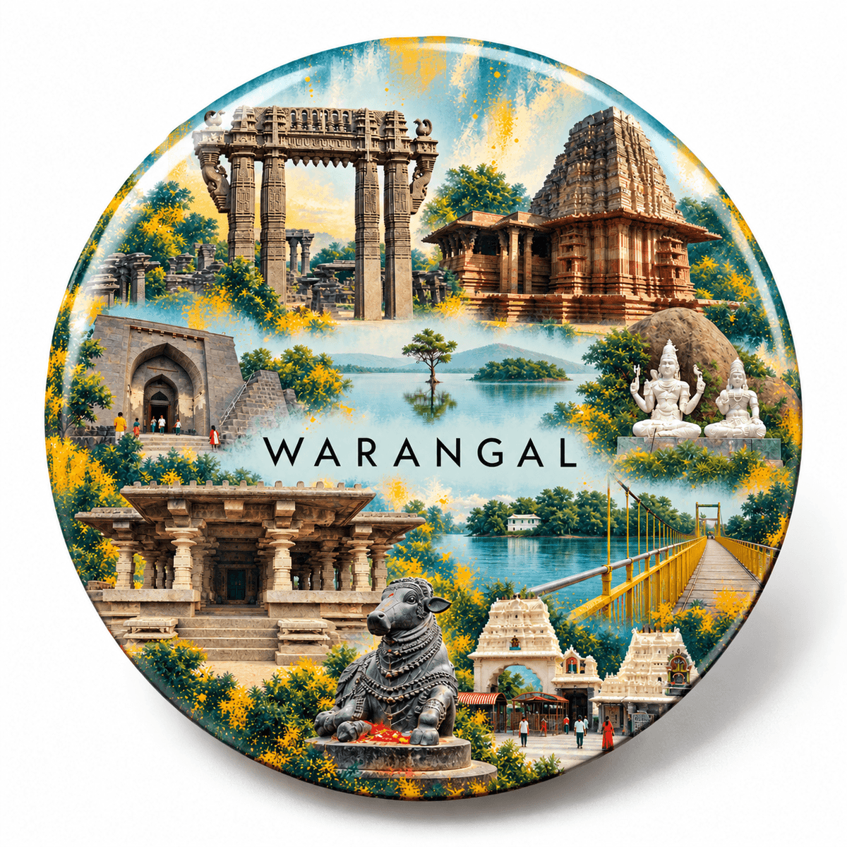 Warangal Telangana watercolour souvenir fridge magnet, 70 mm round
