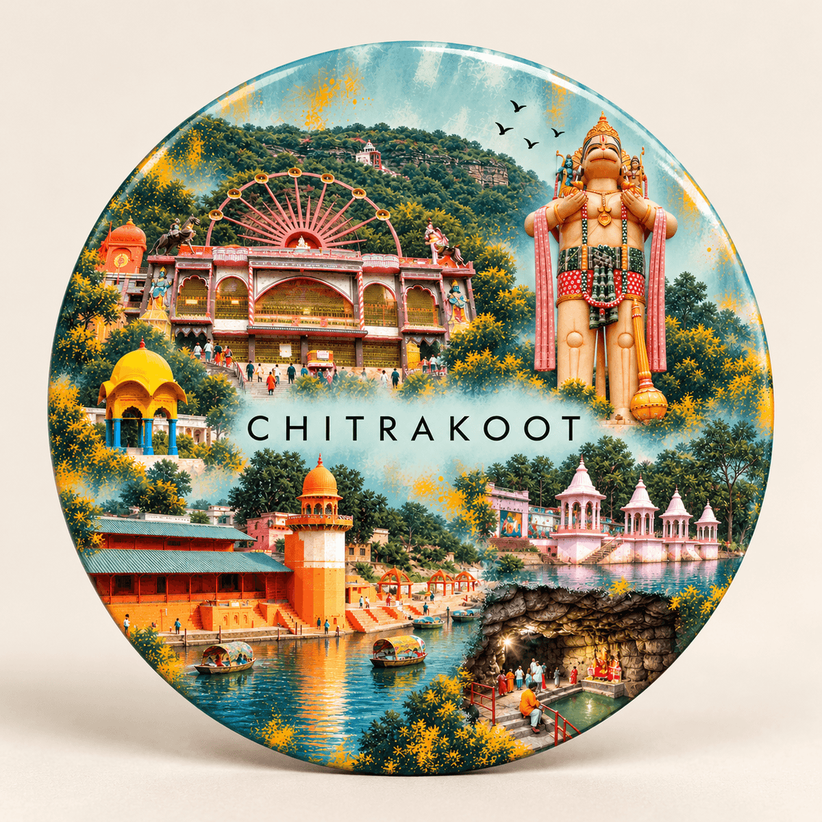 Chitrakoot Uttar Pradesh watercolour souvenir fridge magnet, 70 mm round
