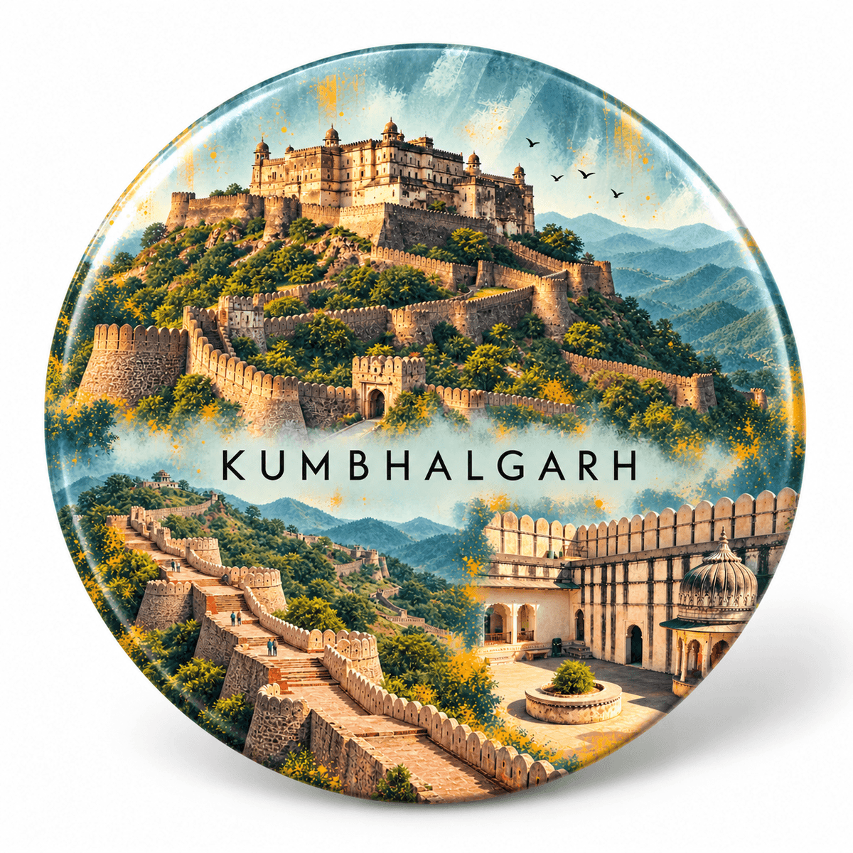 Kumbhalgarh Rajasthan watercolour souvenir fridge magnet, 70 mm round