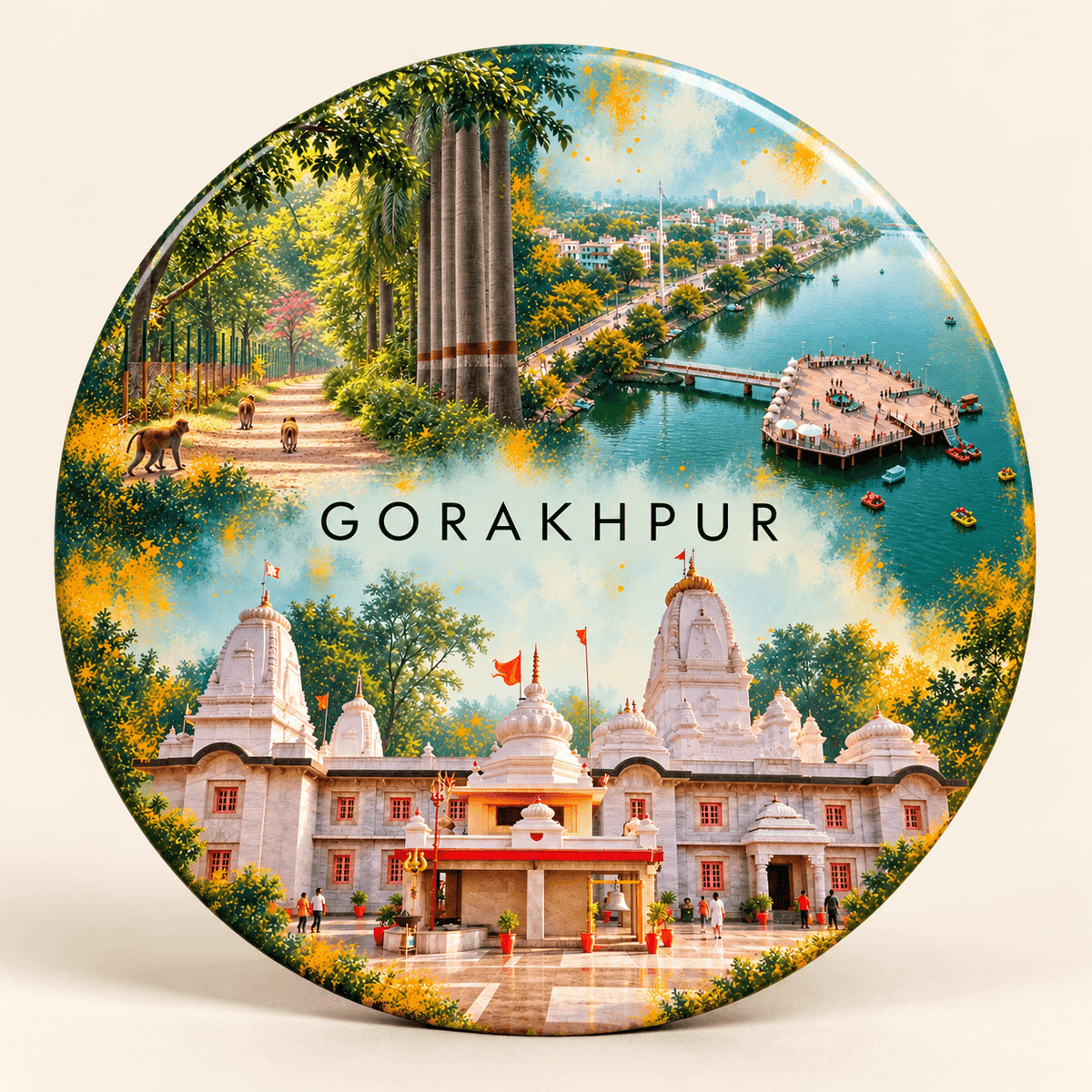 Gorakhpur Uttar Pradesh watercolour souvenir fridge magnet, 70 mm round