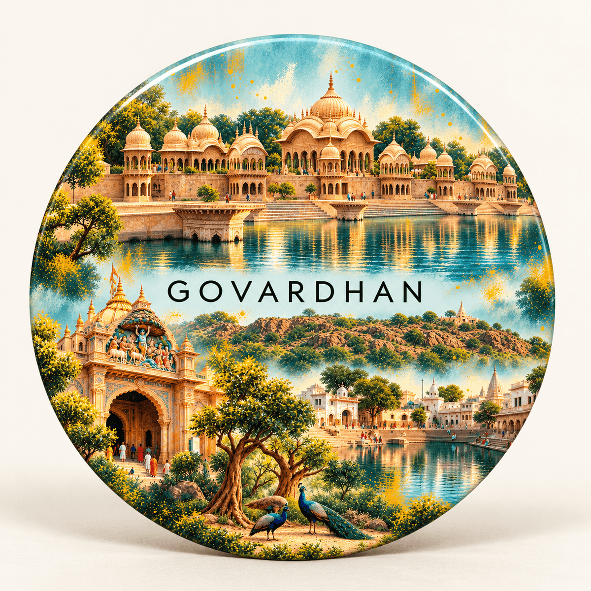 Govardhan Uttar Pradesh watercolour souvenir fridge magnet, 70 mm round
