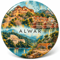 Alwar Rajasthan watercolour souvenir fridge magnet, 70 mm round