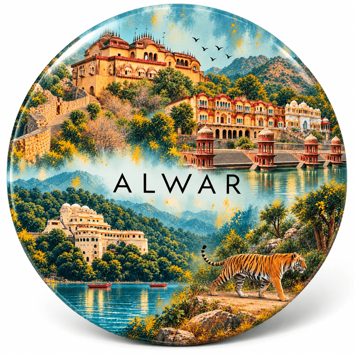 Alwar Rajasthan watercolour souvenir fridge magnet, 70 mm round