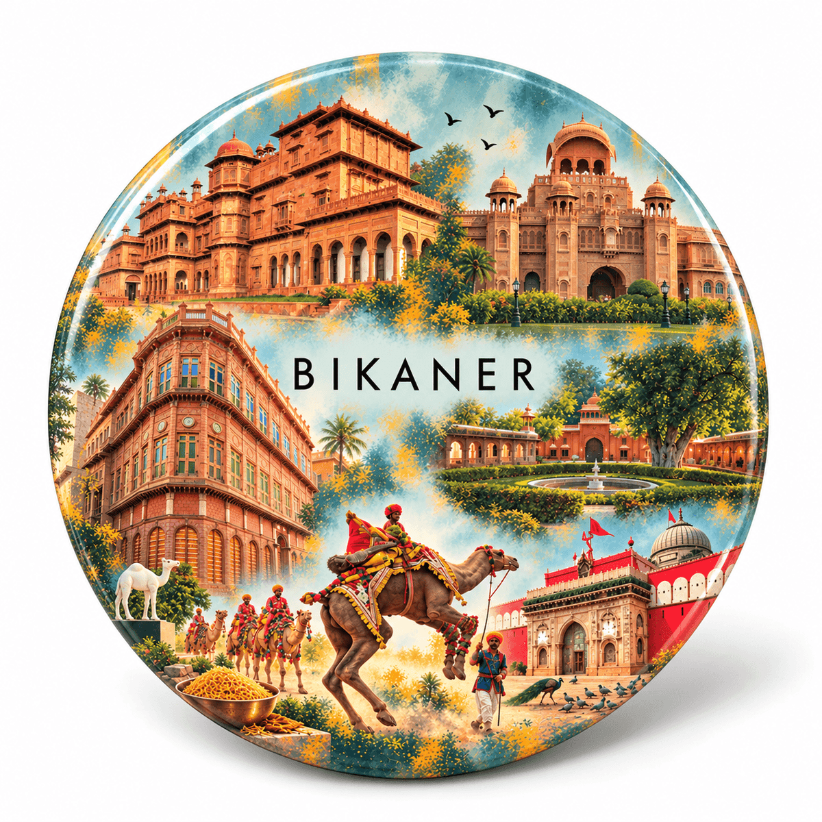 Bikaner Rajasthan watercolour souvenir fridge magnet, 70 mm round