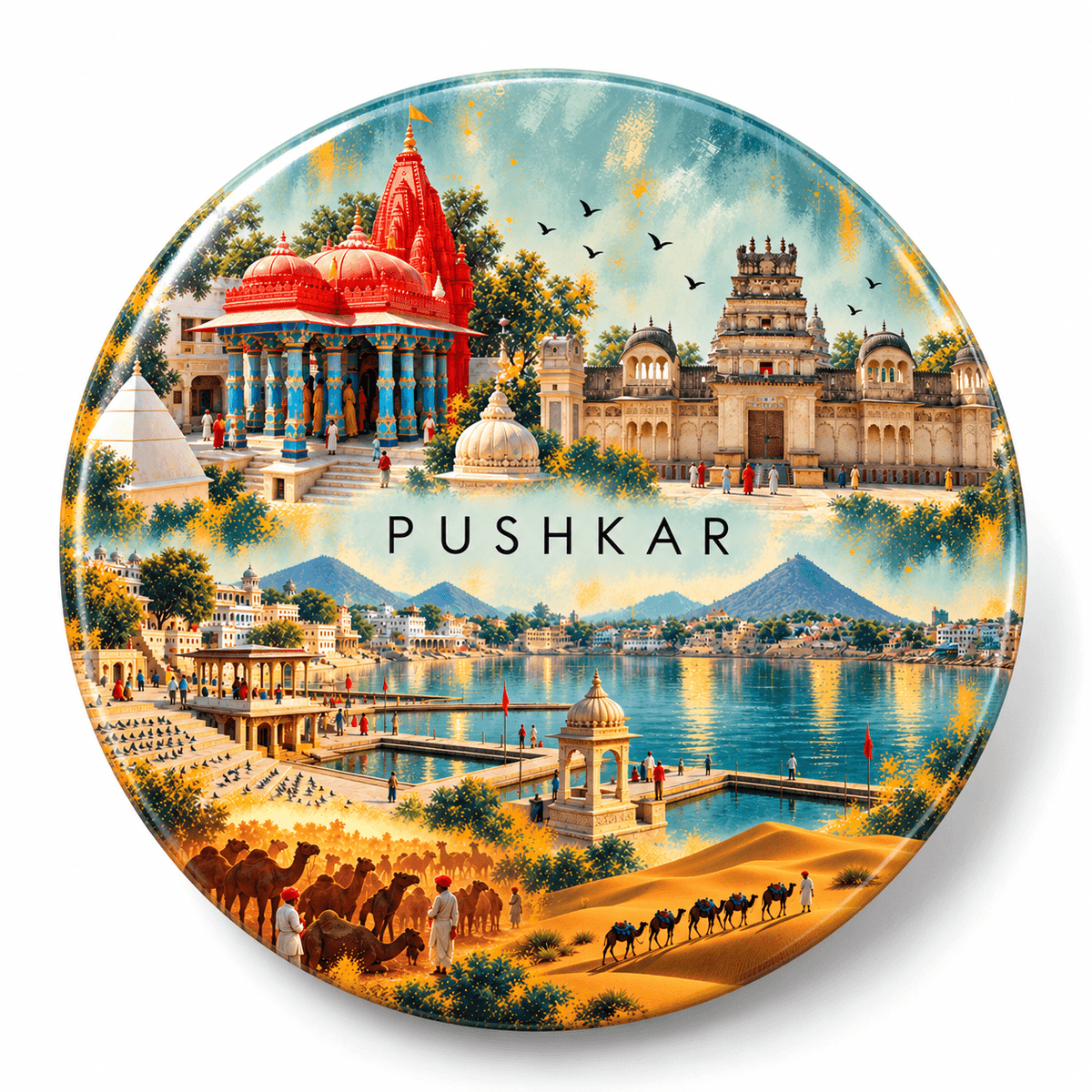 Pushkar Rajasthan watercolour souvenir fridge magnet, 70 mm round