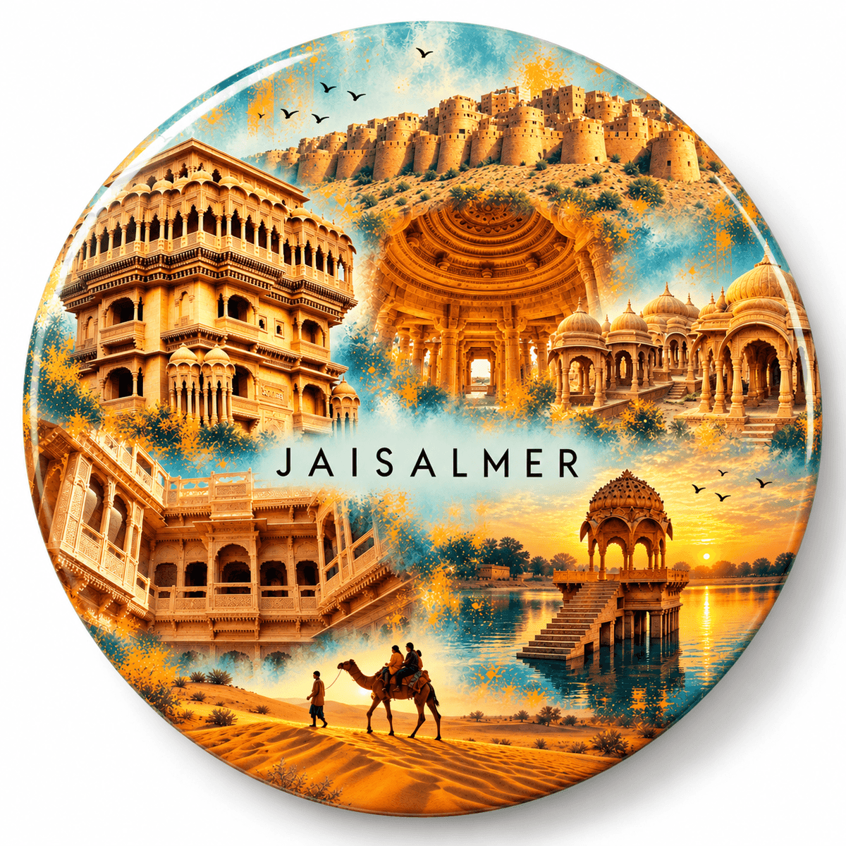 Jaisalmer Rajasthan watercolour souvenir fridge magnet, 70 mm round