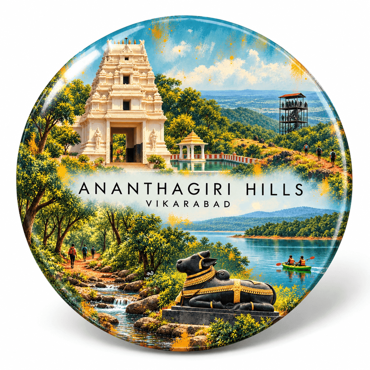 Ananthagiri Hills Telangana watercolour souvenir fridge magnet, 70 mm round
