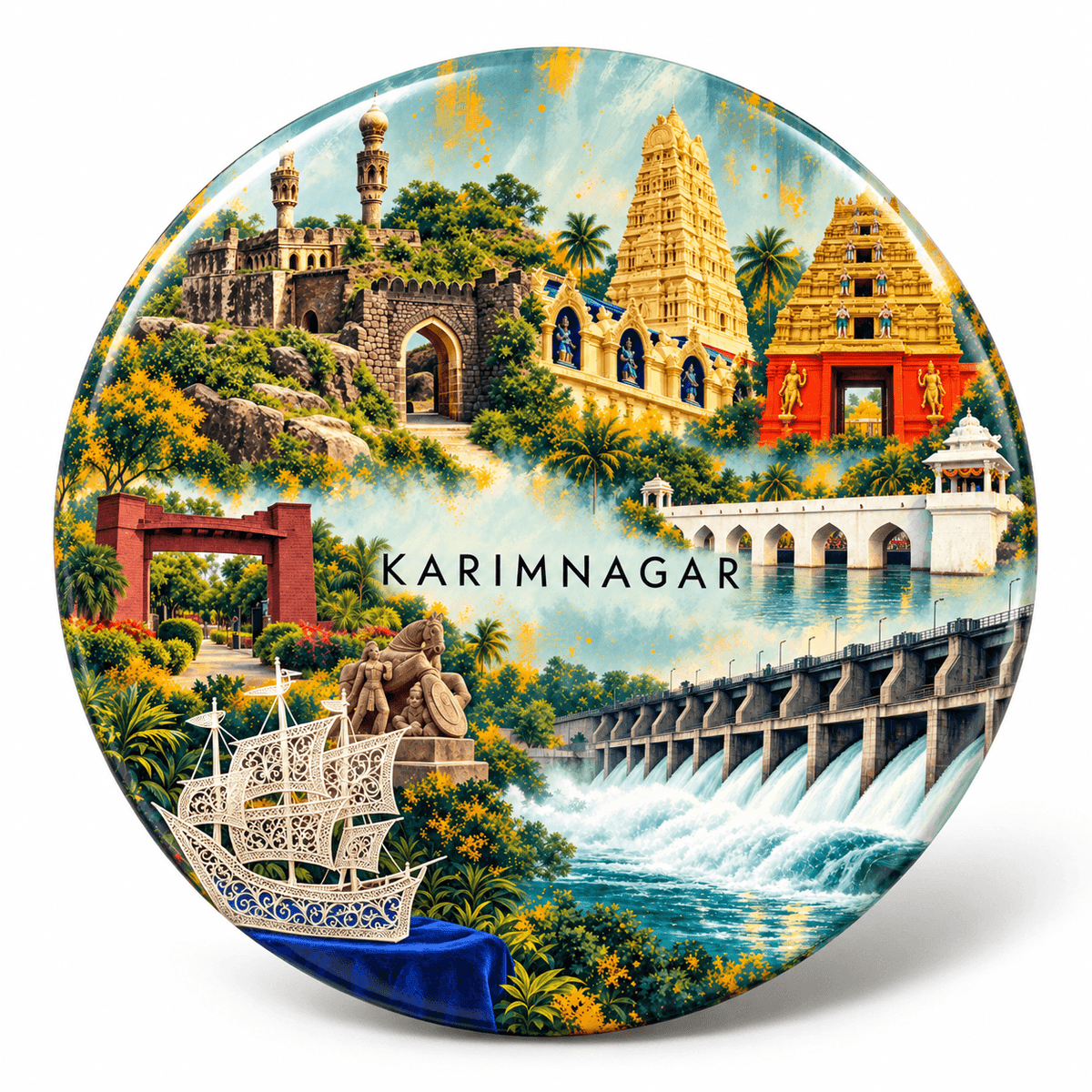 Karimnagar Telangana watercolour souvenir fridge magnet, 70 mm round
