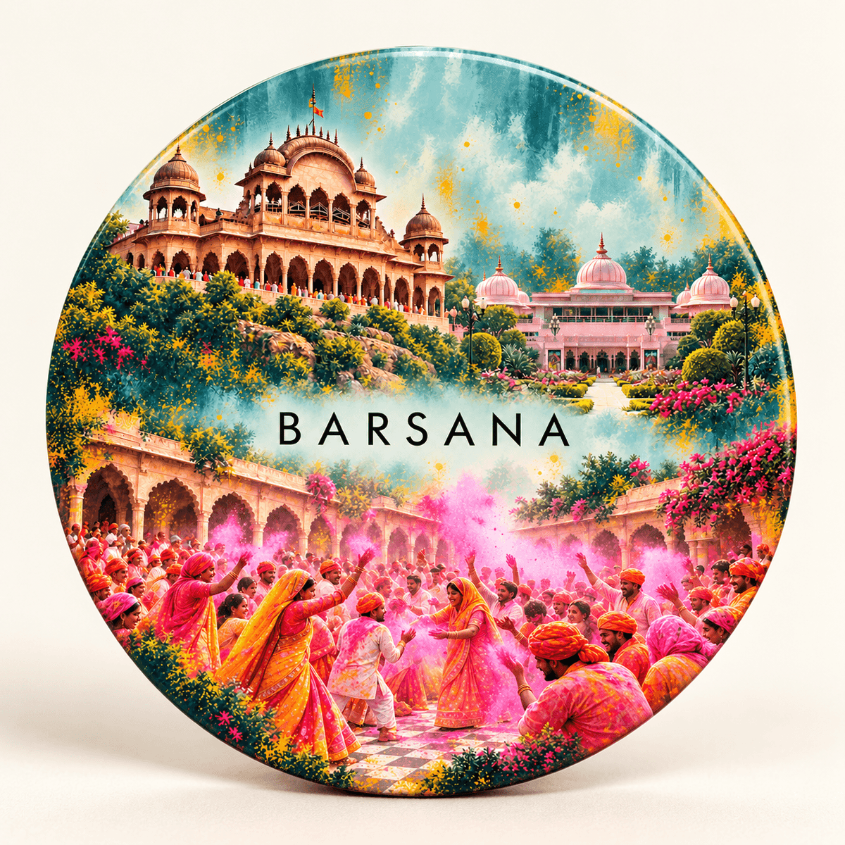 Barsana Uttar Pradesh watercolour souvenir fridge magnet, 70 mm round