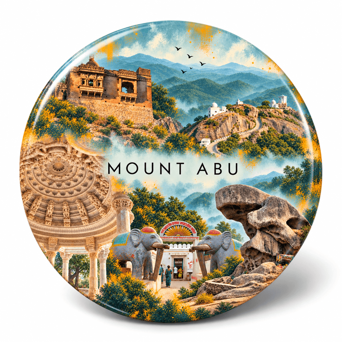 Mount Abu Rajasthan watercolour souvenir fridge magnet, 70 mm round