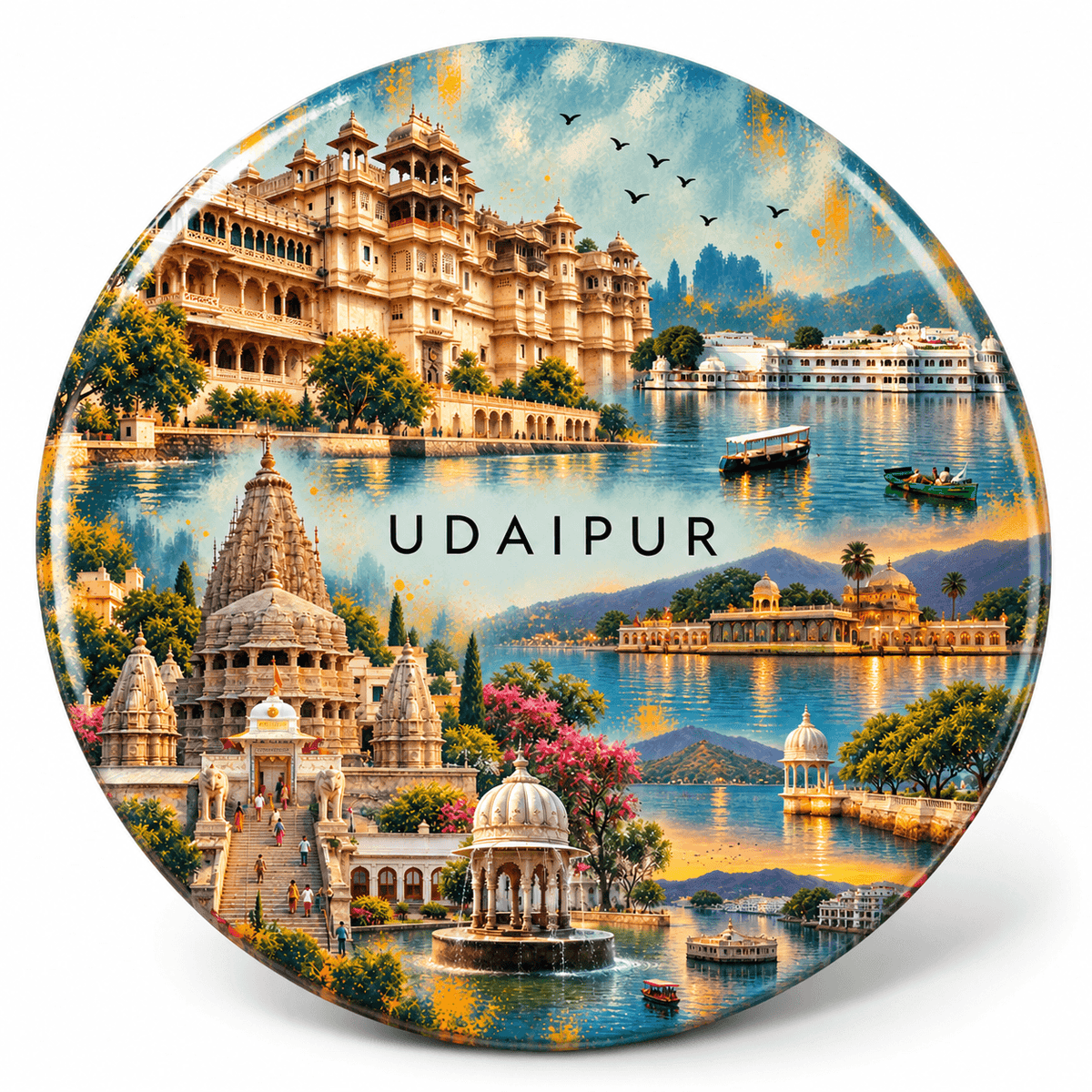 Udaipur Rajasthan watercolour souvenir fridge magnet, 70 mm round