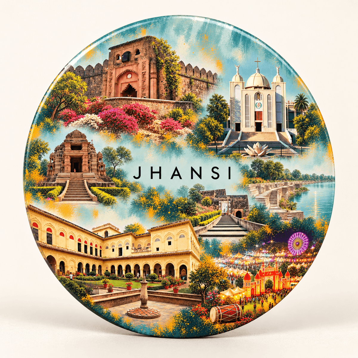 Jhansi Uttar Pradesh watercolour souvenir fridge magnet, 70 mm round