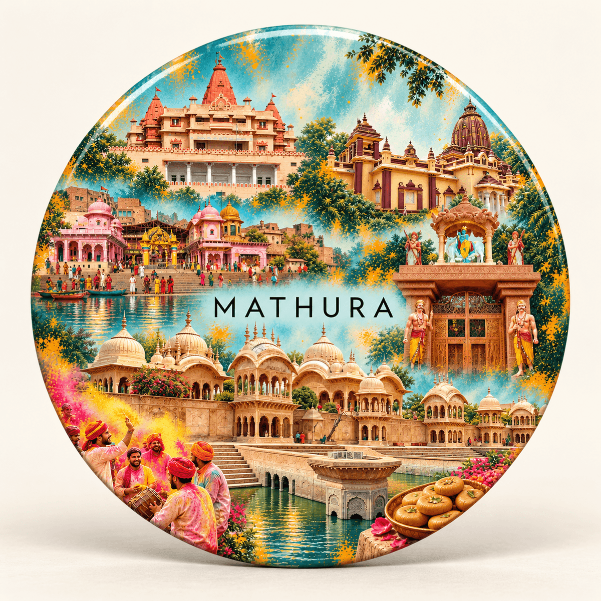 Mathura Uttar Pradesh watercolour souvenir fridge magnet, 70 mm round