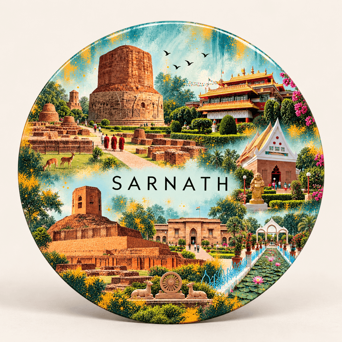 Sarnath Uttar Pradesh watercolour souvenir fridge magnet, 70 mm round