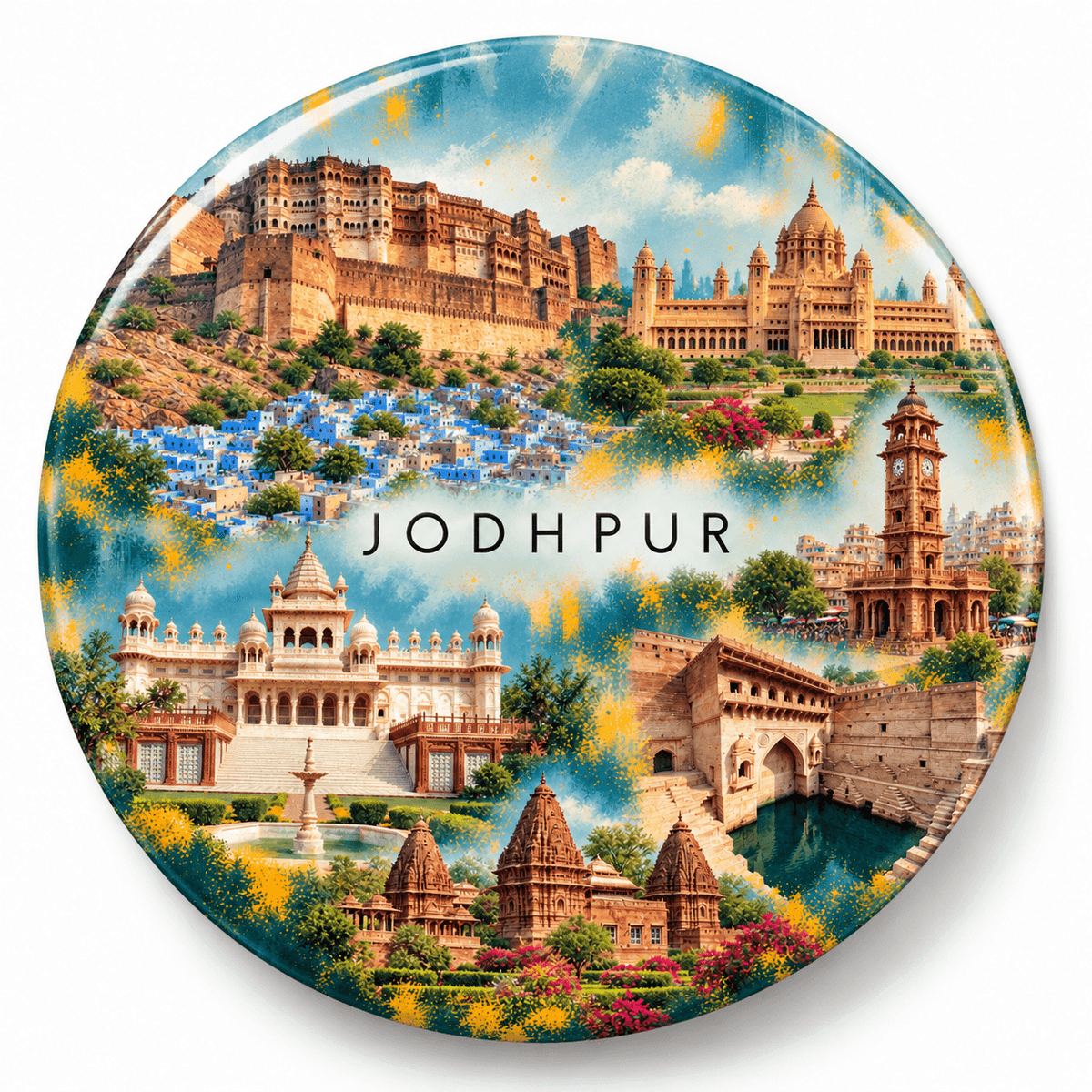 Jodhpur Rajasthan watercolour souvenir fridge magnet, 70 mm round