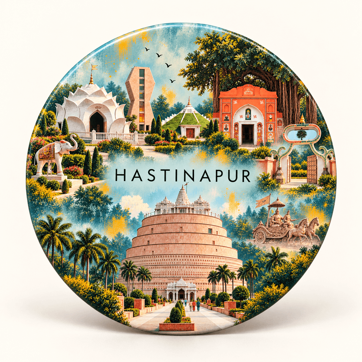 Hastinapur Uttar Pradesh watercolour souvenir fridge magnet, 70 mm round