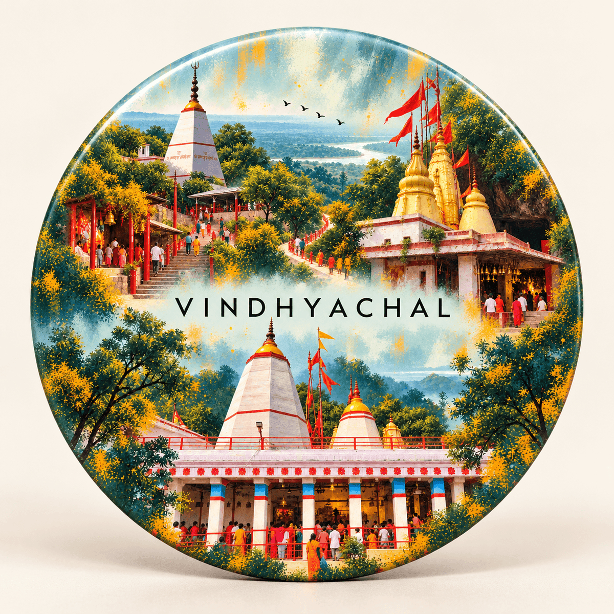 Vindhyachal Uttar Pradesh watercolour souvenir fridge magnet, 70 mm round