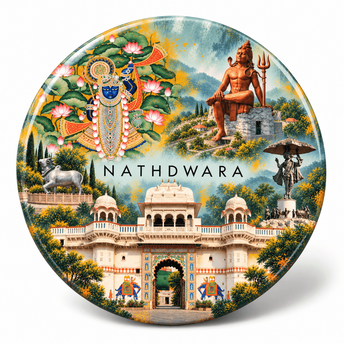 Nathdwara Rajasthan watercolour souvenir fridge magnet, 70 mm round
