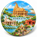 Somnath Gujarat watercolour souvenir fridge magnet, 70 mm round