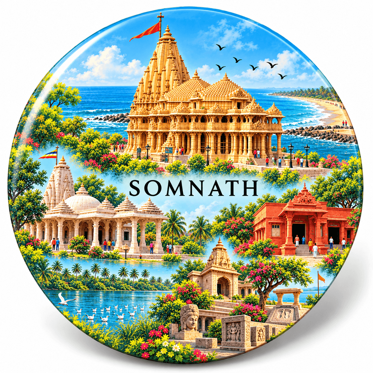 Somnath Gujarat watercolour souvenir fridge magnet, 70 mm round