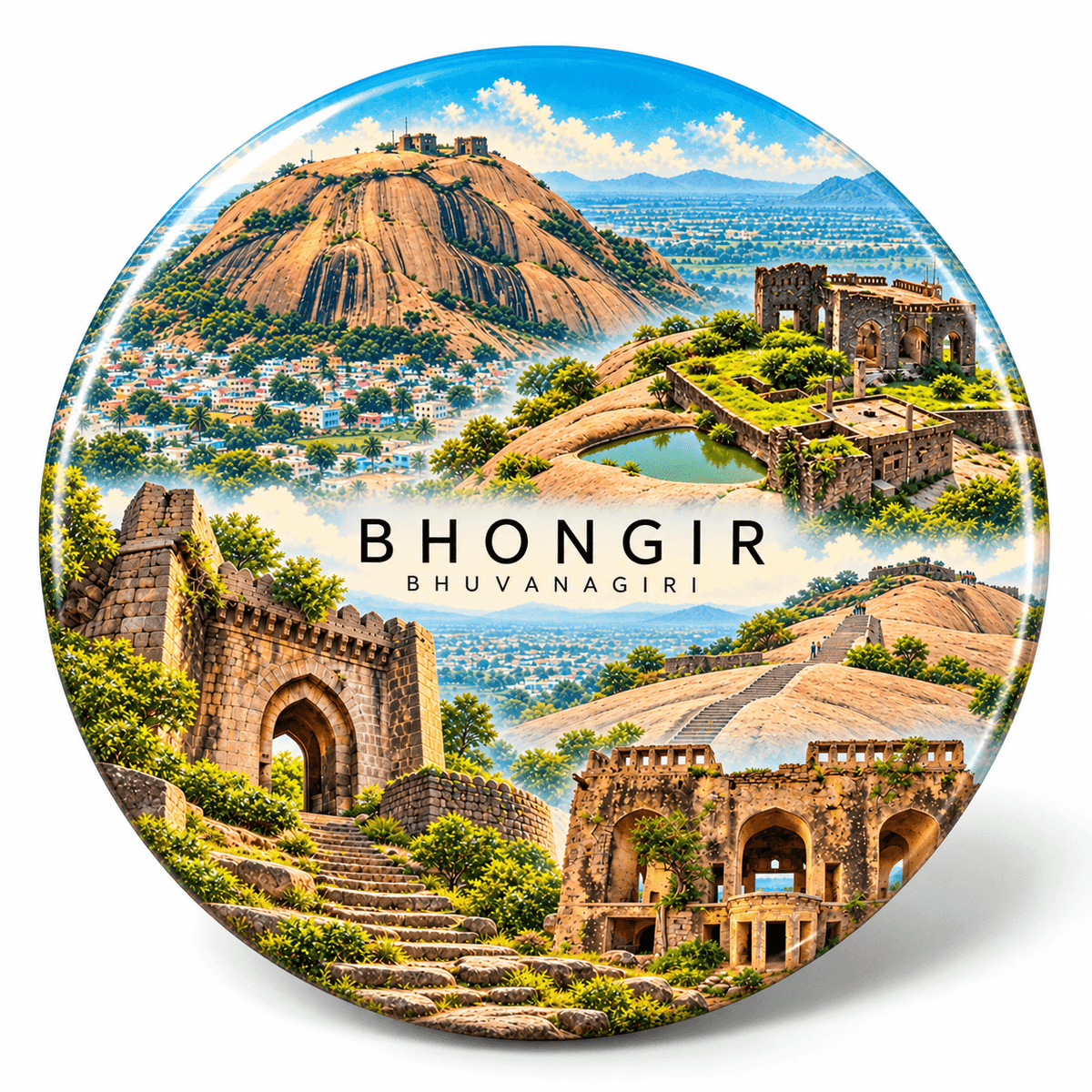Bhongir Telangana watercolour souvenir fridge magnet, 70 mm round