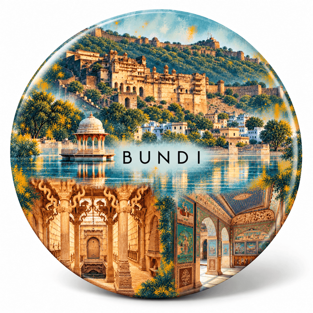 Bundi Rajasthan watercolour souvenir fridge magnet, 70 mm round