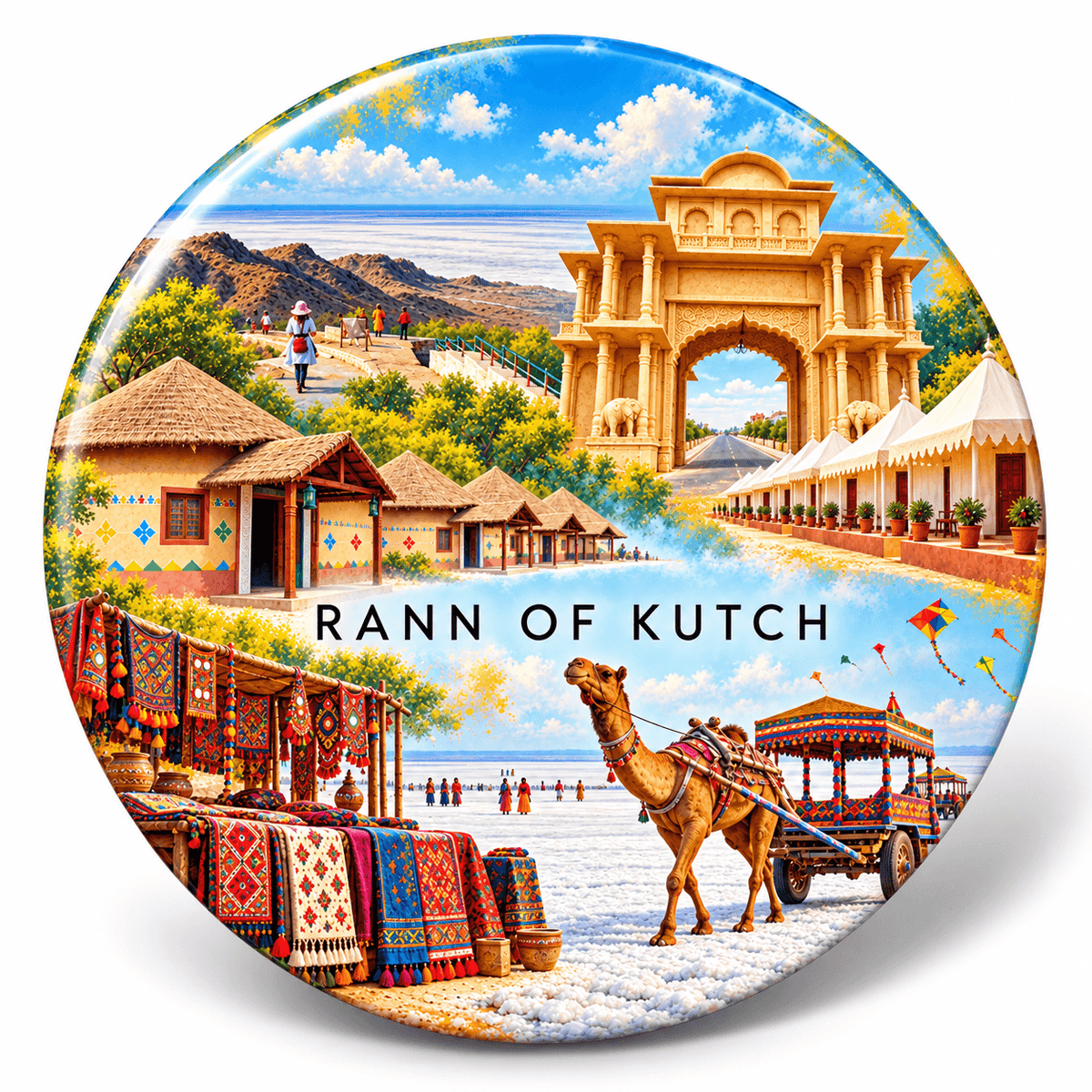 Rann of Kutch Gujarat watercolour souvenir fridge magnet, 70 mm round
