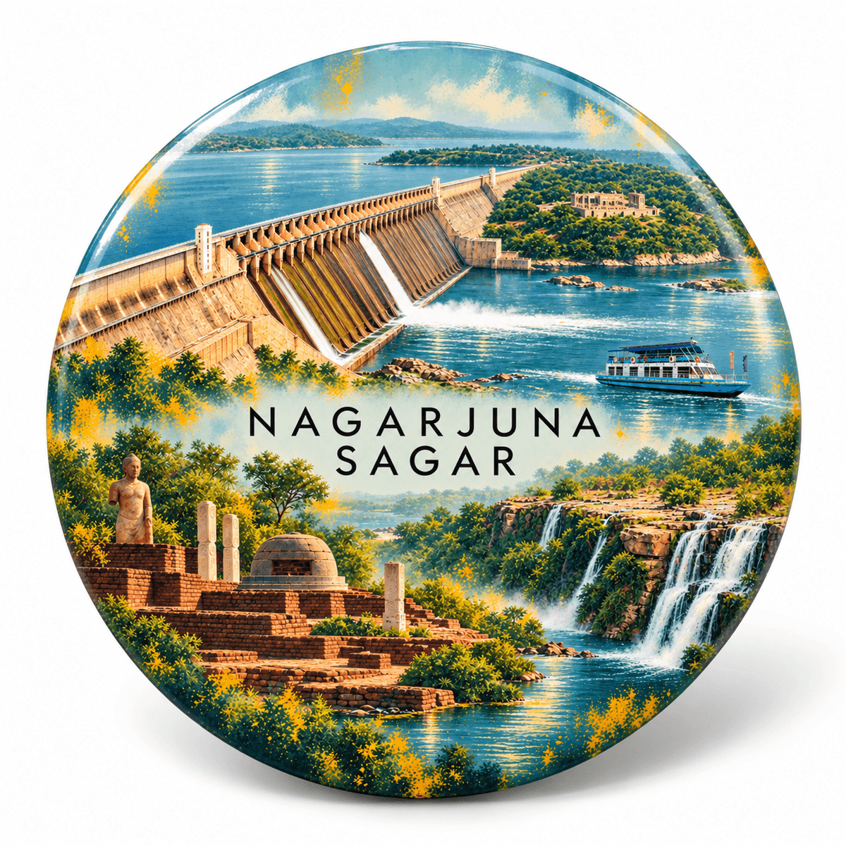 Nagarjuna Sagar Telangana watercolour souvenir fridge magnet, 70 mm round