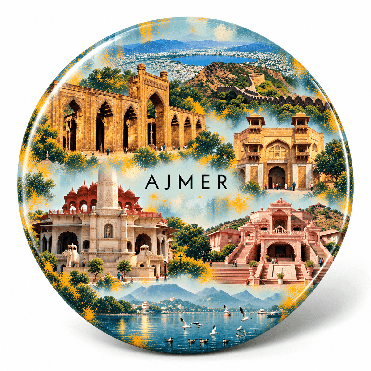 Ajmer Rajasthan watercolour souvenir fridge magnet, 70 mm round