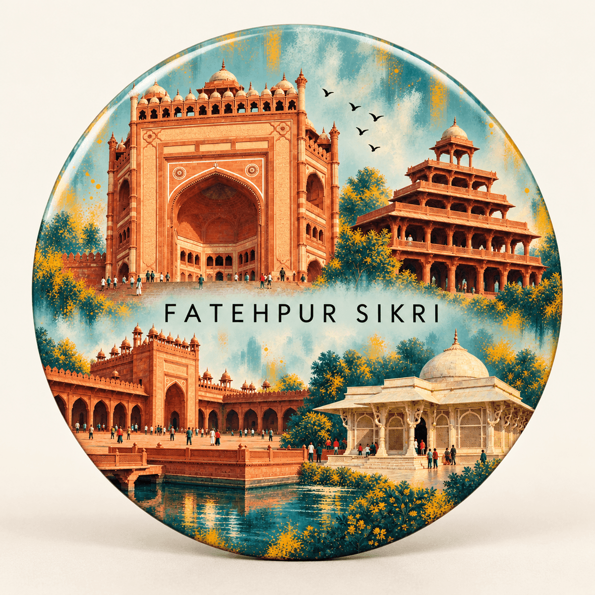 Fatehpur Sikri Uttar Pradesh watercolour souvenir fridge magnet, 70 mm round