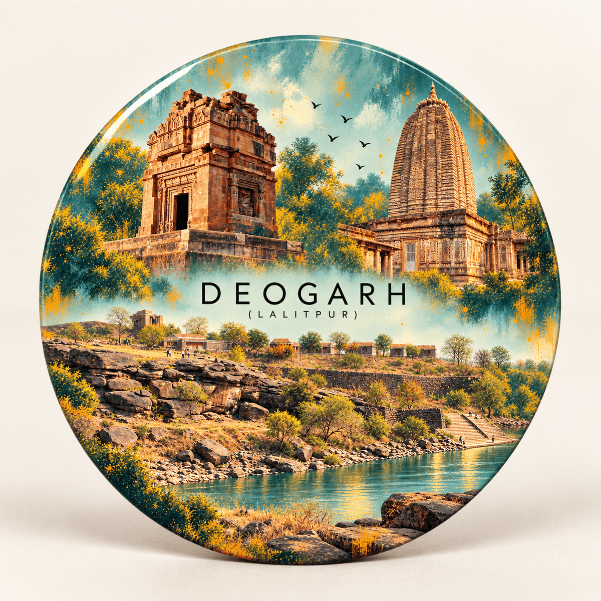 Deogarh Uttar Pradesh watercolour souvenir fridge magnet, 70 mm round