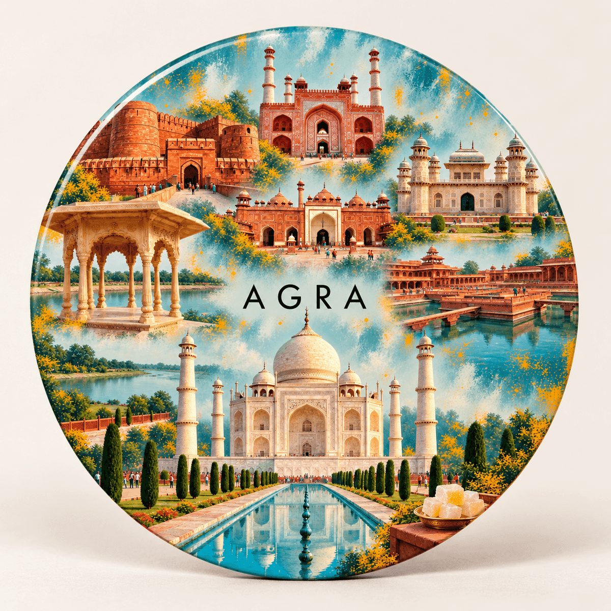 Agra Uttar Pradesh watercolour souvenir fridge magnet, 70 mm round