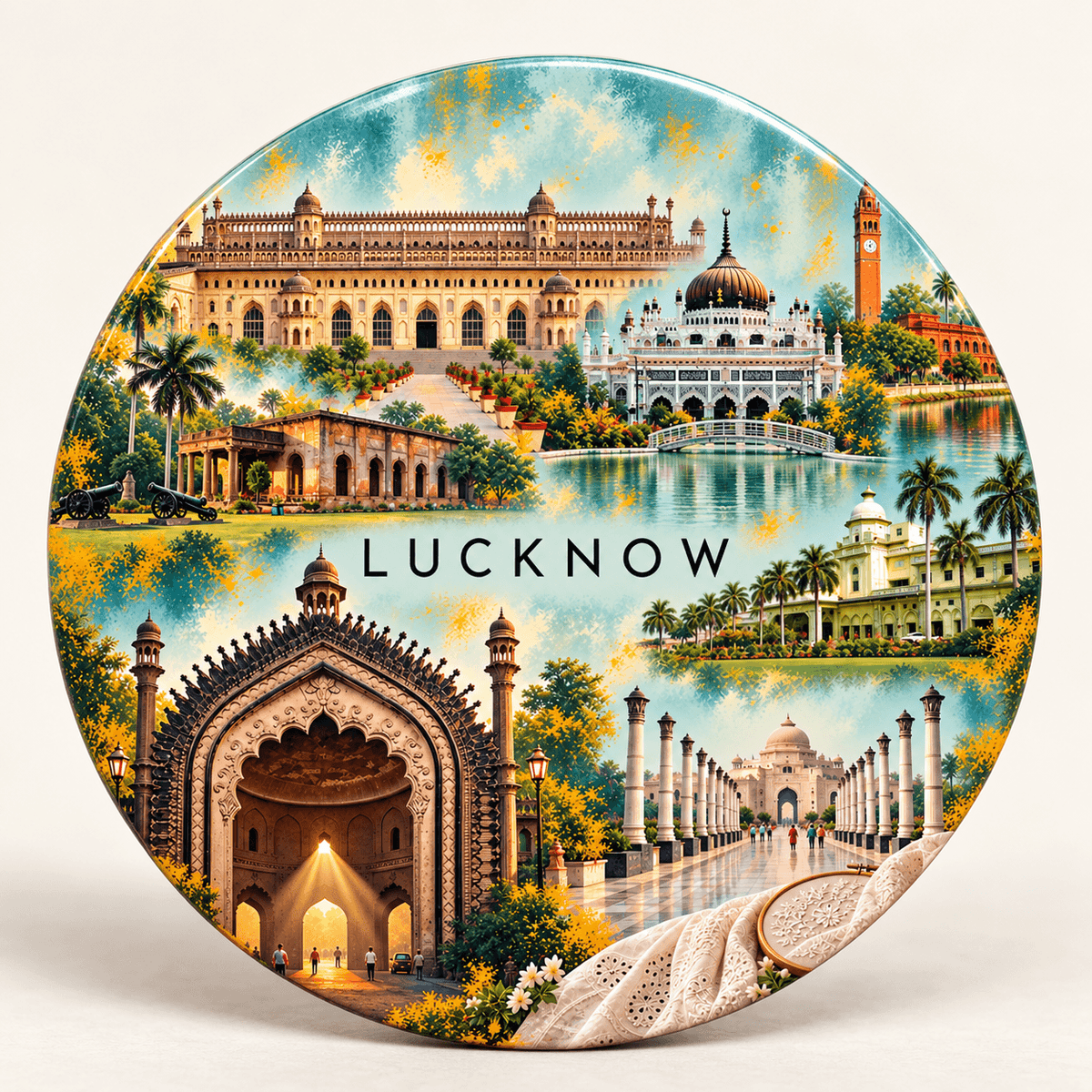 Lucknow Uttar Pradesh watercolour souvenir fridge magnet, 70 mm round