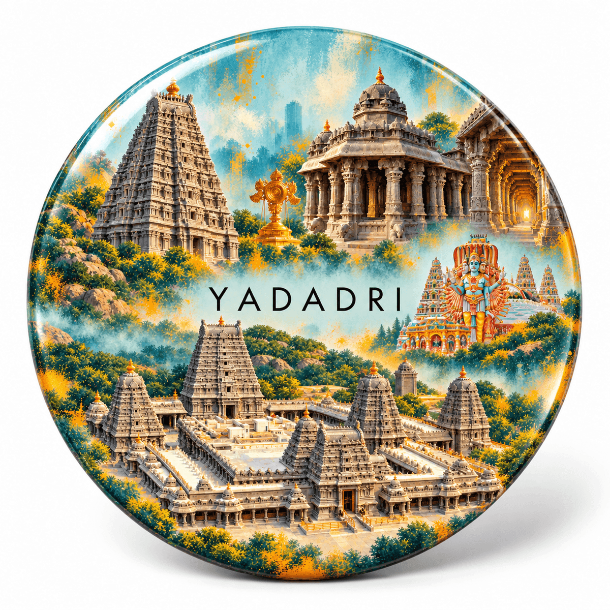 Yadadri Telangana watercolour souvenir fridge magnet, 70 mm round