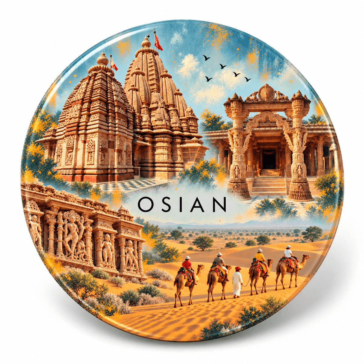 Osian Rajasthan watercolour souvenir fridge magnet, 70 mm round