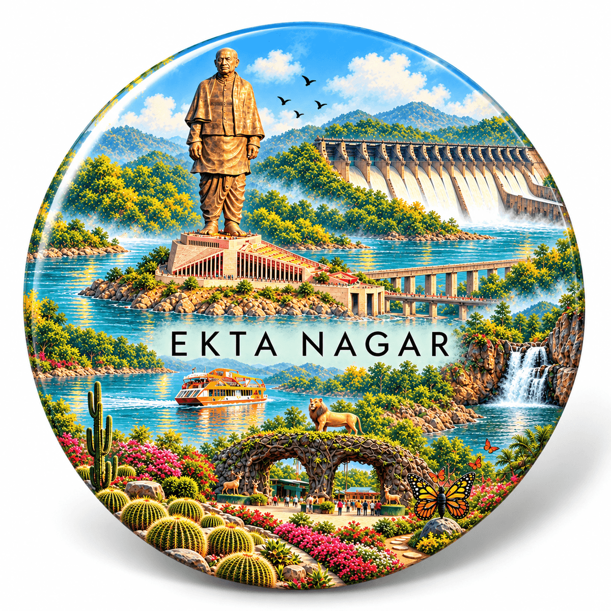 Ekta Nagar Gujarat watercolour souvenir fridge magnet, 70 mm round