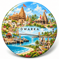 Dwarka Gujarat watercolour souvenir fridge magnet, 70 mm round