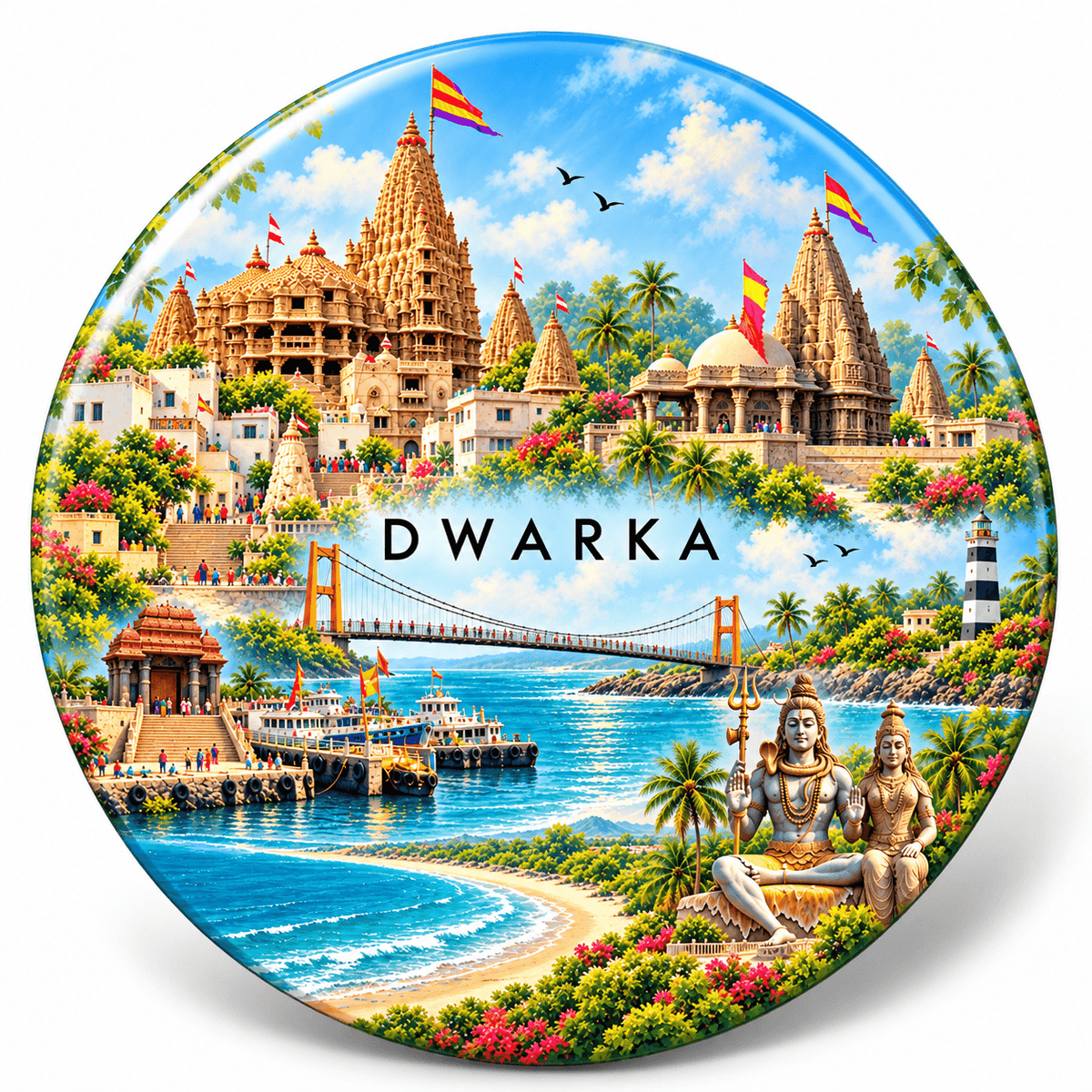 Dwarka Gujarat watercolour souvenir fridge magnet, 70 mm round