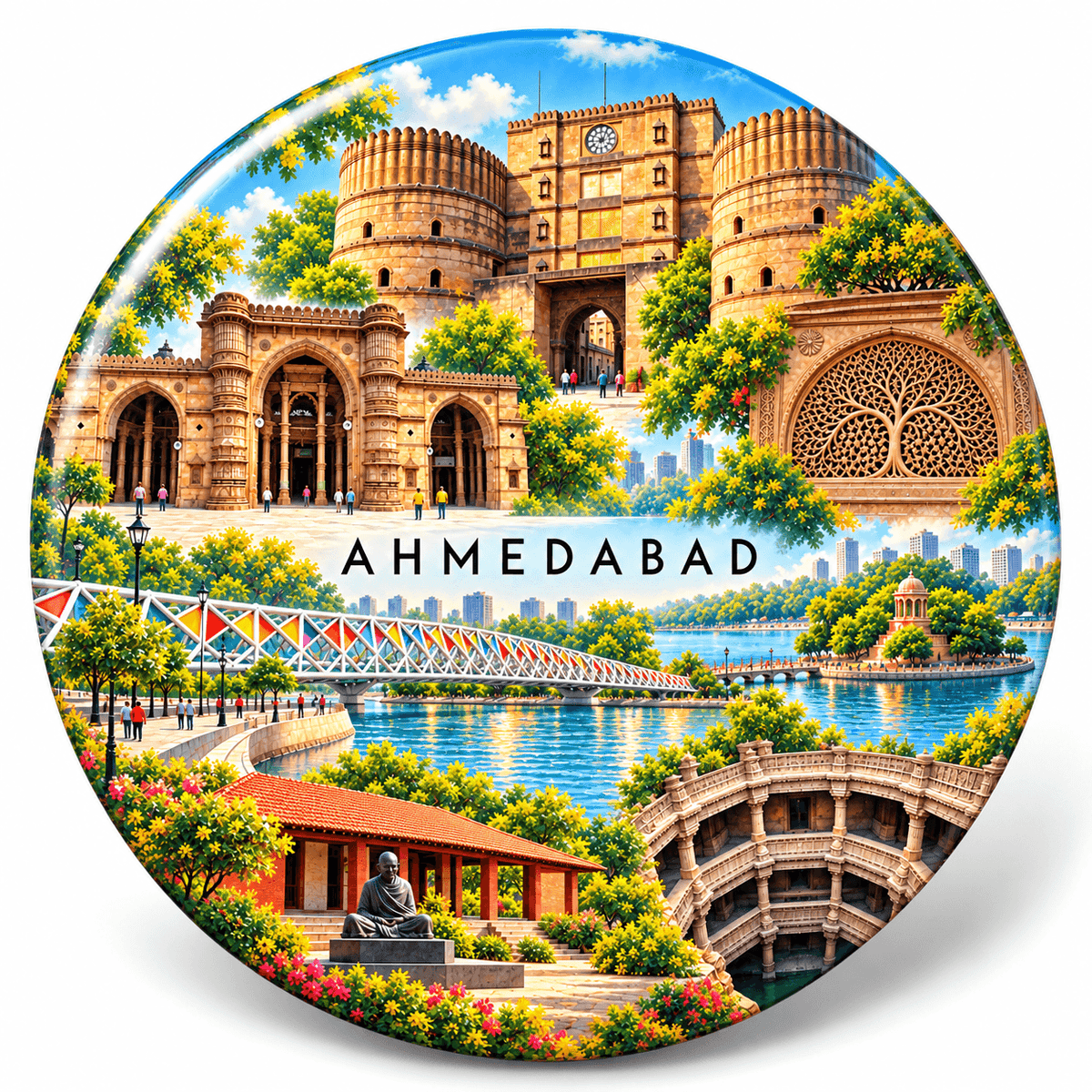 Ahmedabad Gujarat watercolour souvenir fridge magnet, 70 mm round