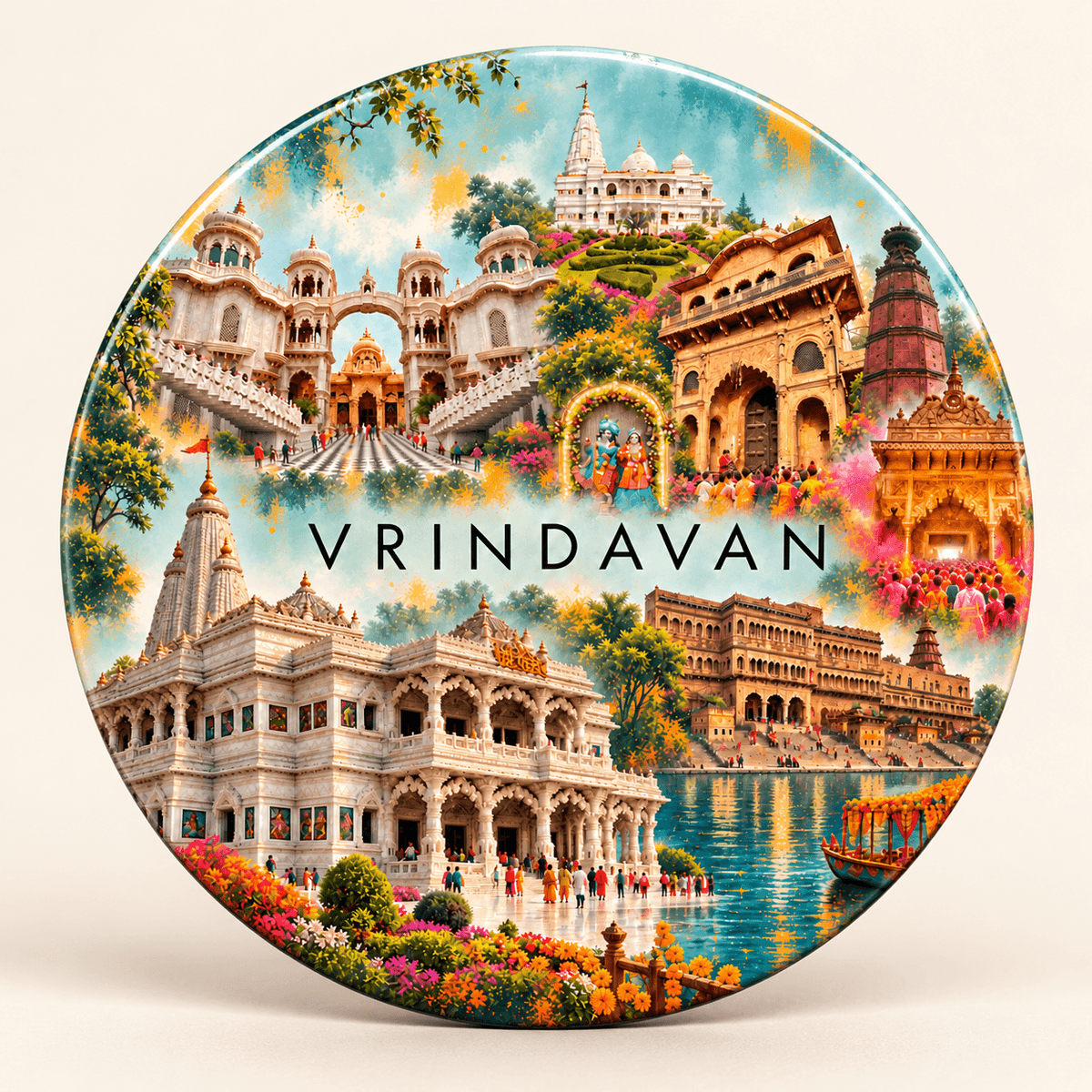 Vrindavan Uttar Pradesh watercolour souvenir fridge magnet, 70 mm round