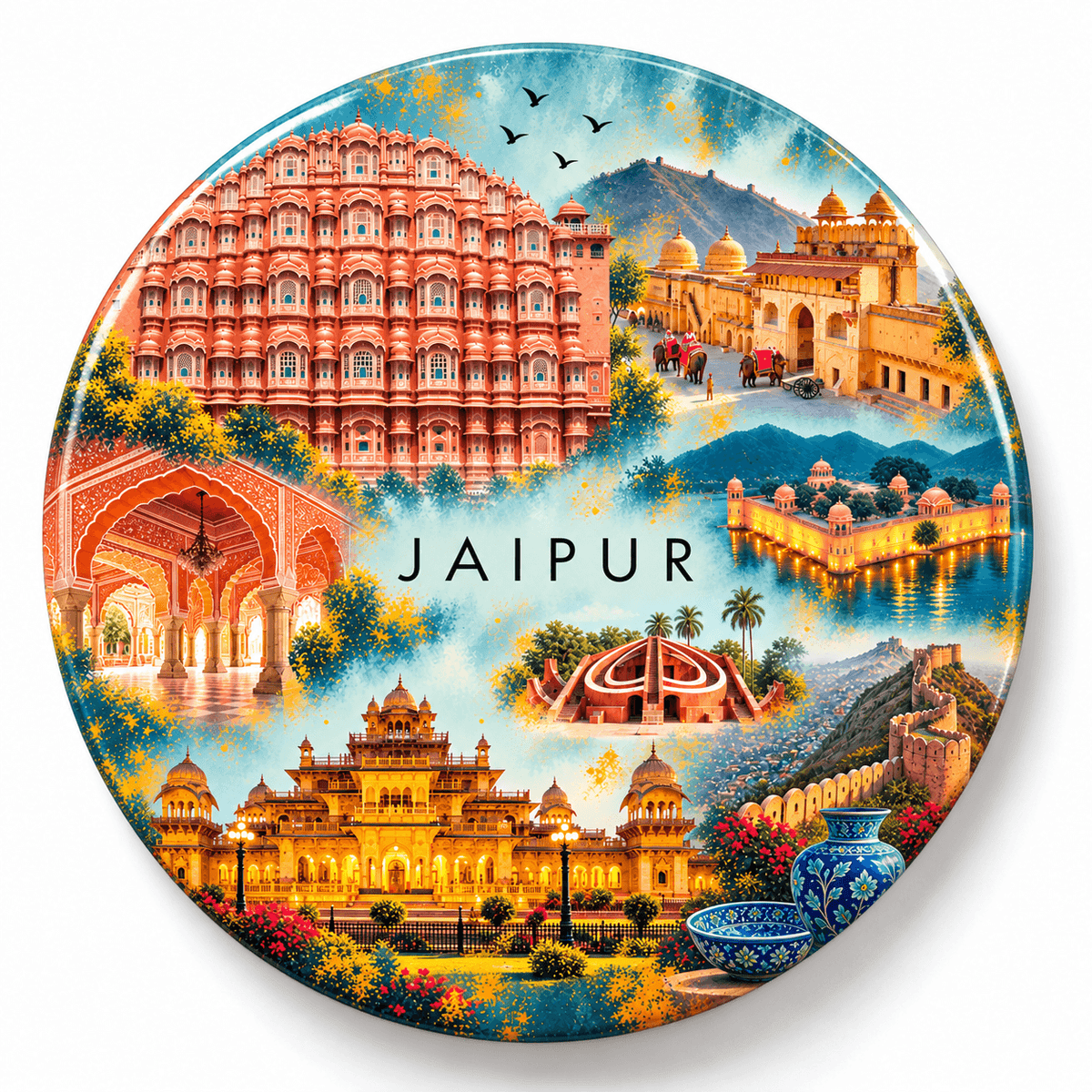 Jaipur Rajasthan watercolour souvenir fridge magnet, 70 mm round