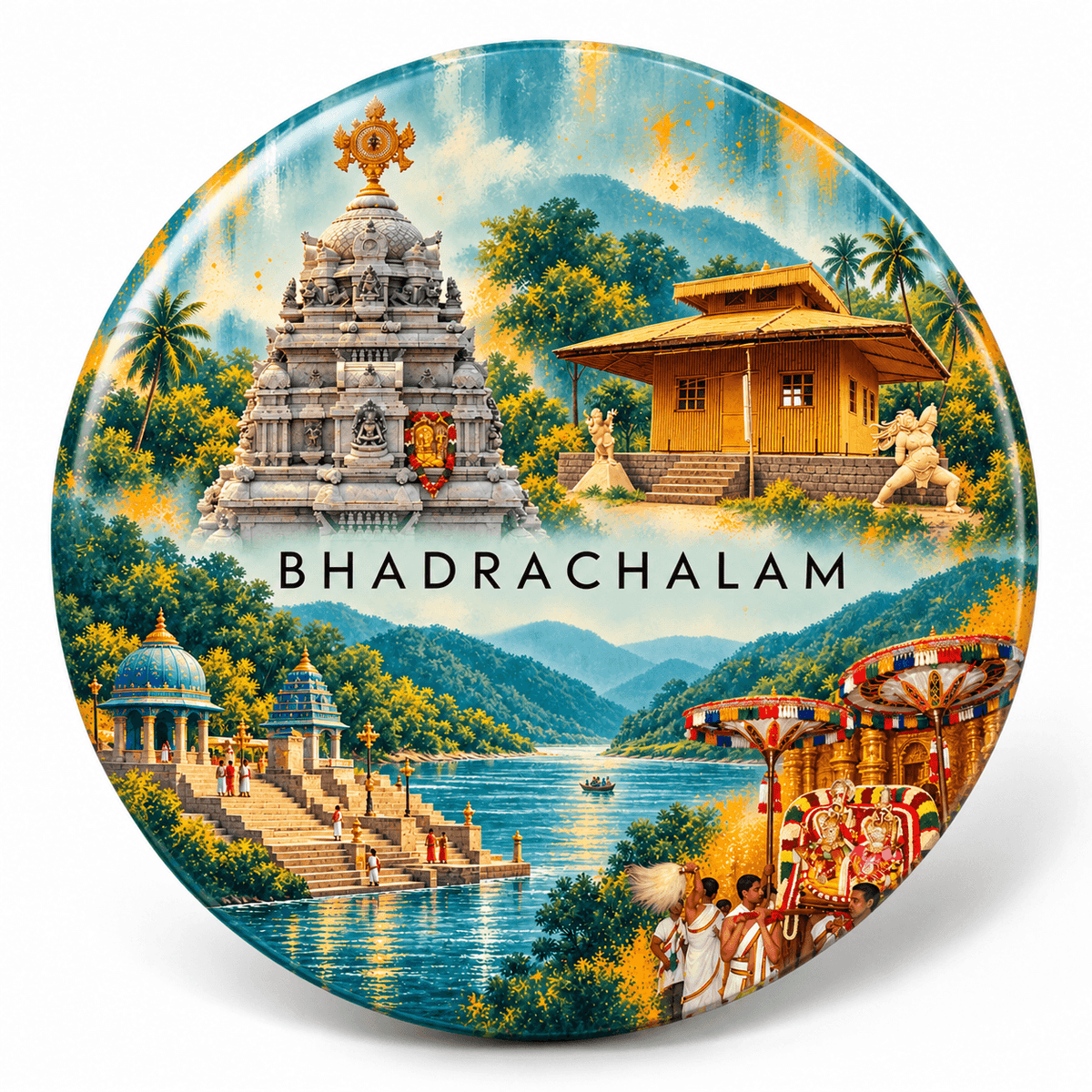 Bhadrachalam Telangana watercolour souvenir fridge magnet, 70 mm round