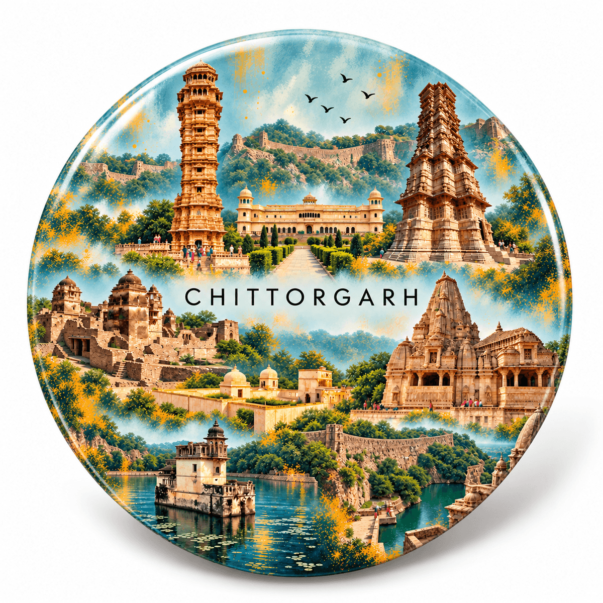 Chittorgarh Rajasthan watercolour souvenir fridge magnet, 70 mm round