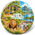 Gir National Park Gujarat watercolour souvenir fridge magnet, 70 mm round