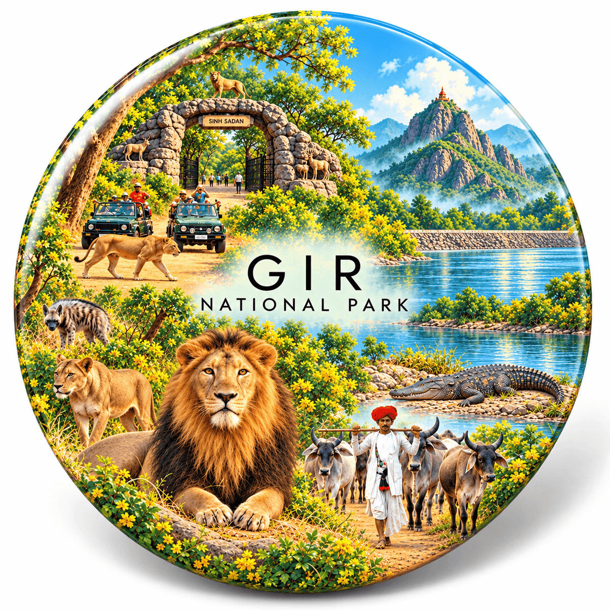 Gir National Park Gujarat watercolour souvenir fridge magnet, 70 mm round